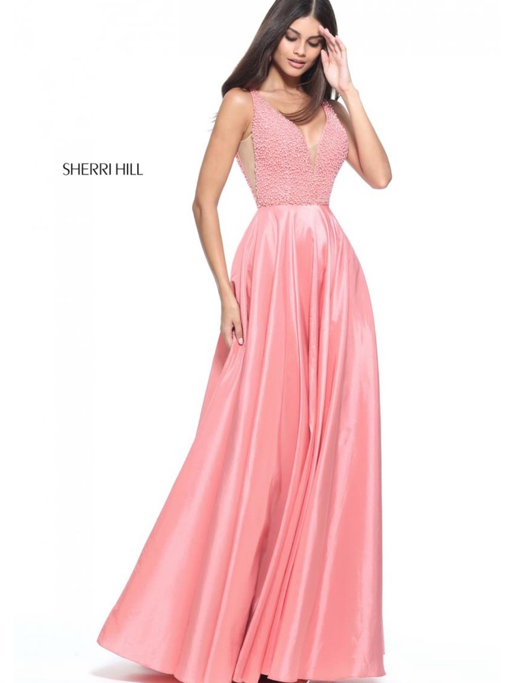 Sherri Hill Coral Pink Beaded V-Neck Prom Gown